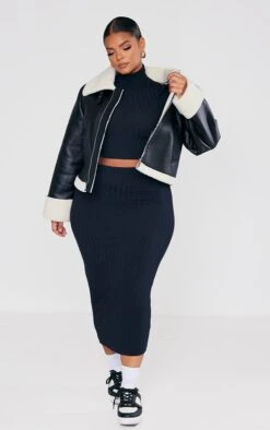 Plus Black Ribbed High Waist Midi Skirt