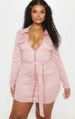 Plus Dusty Pink Faux Suede Pocket Detail Bodycon Dress -VelvetMuse Store 027f1f360541e1e2955640886ffc4751ea6f0ee6 clw9603 4