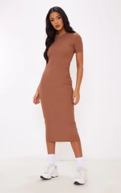 Tall Chocolate Ribbed Crew Neck Midi Dress