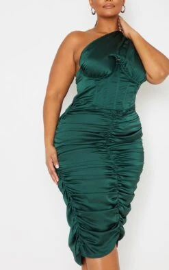 Plus Emerald Green One Shoulder Corset Ruched Satin Midi Dress -VelvetMuse Store 029f2281680349e2e24906341787d26257f2b5d2 cmu1335 5