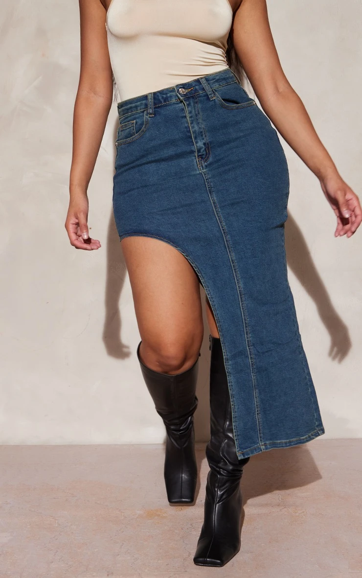 Shape Indigo Vintage Wash Denim Split Side Midaxi Skirt 2 Shape Indigo Vintage Wash Denim Split Side Midaxi Skirt - Image 2