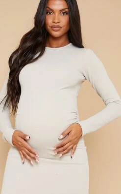 Maternity Stone Long Sleeved Ribbed Midi Dress -VelvetMuse Store 0479a0ac0cb89539a2f7d349ff6f141034062d5d cnb2435 4
