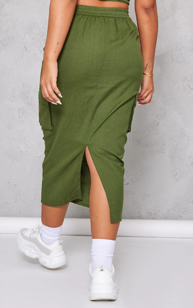 Khaki Linen Look Cargo Pocket Midi Skirt 3 Khaki Linen Look Cargo Pocket Midi Skirt - Image 3