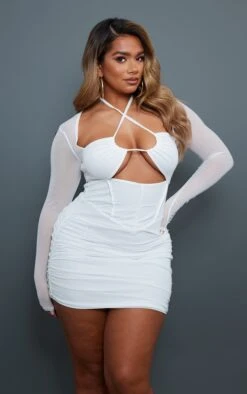 Shape Cream Mesh Corset Cut Out Bodycon Dress