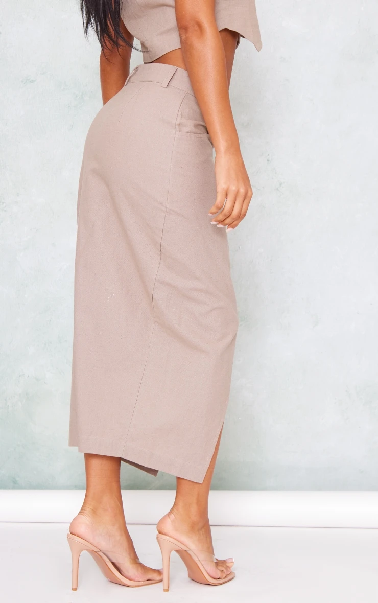 Taupe Linen Look Split Front Midi Skirt 3 Taupe Linen Look Split Front Midi Skirt - Image 3