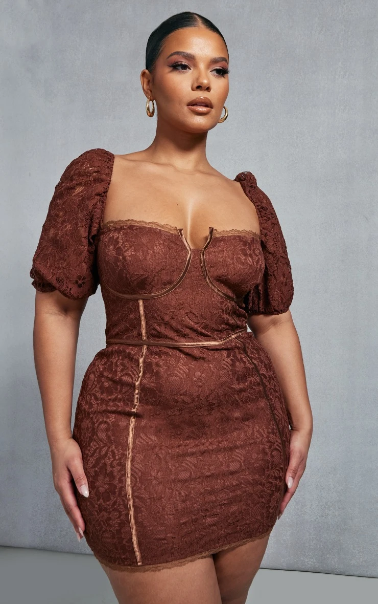Plus Chocolate Lace Cup Detail Bodycon Dress 3 Plus Chocolate Lace Cup Detail Bodycon Dress - Image 3