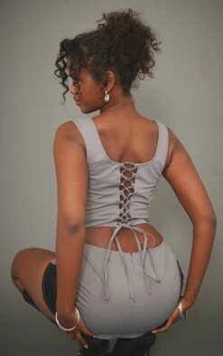 Charcoal Cargo Contrast Panel Lace Up Corset Top