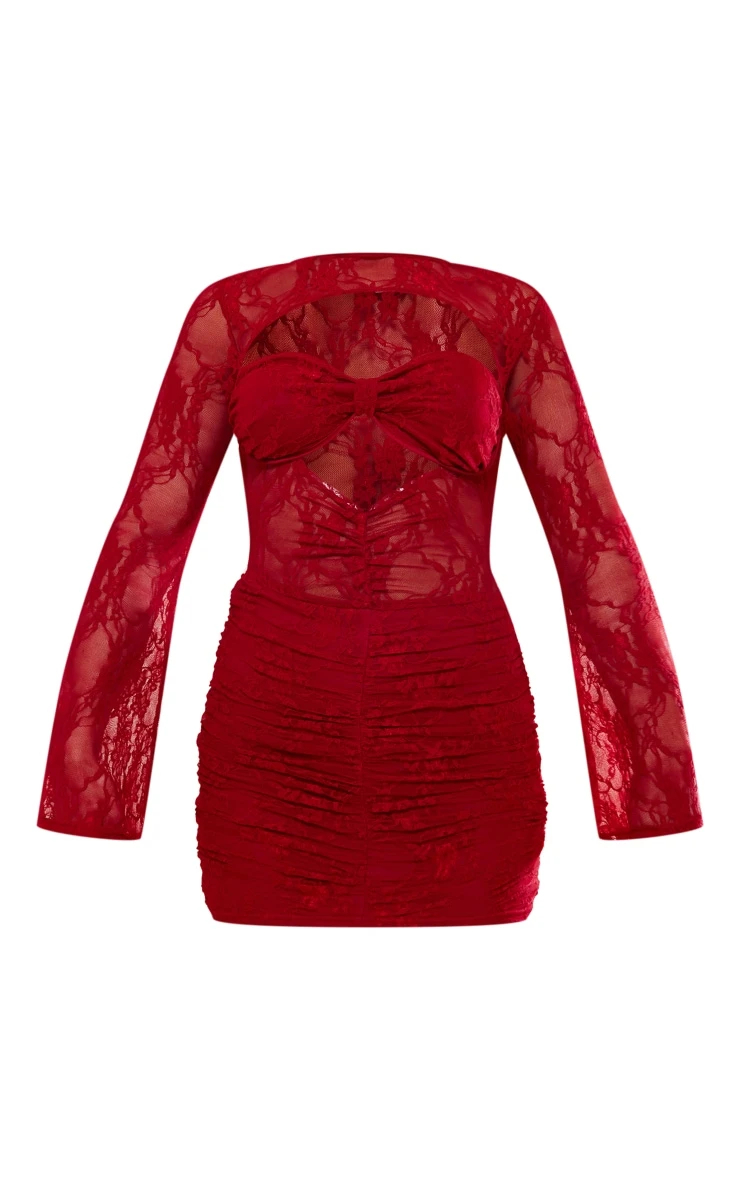 Red Sheer Lace Underwired Ruched Bodycon Dress 5 Red Sheer Lace Underwired Ruched Bodycon Dress - Image 5