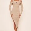 Camel Rib Knit Long Sleeve Fold Over Dress