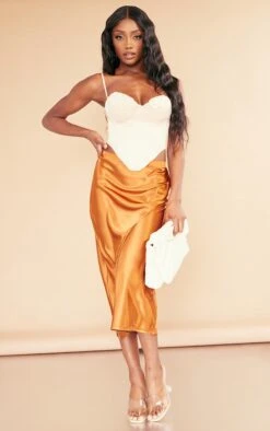 Rust Satin Bias Cut Midi Skirt