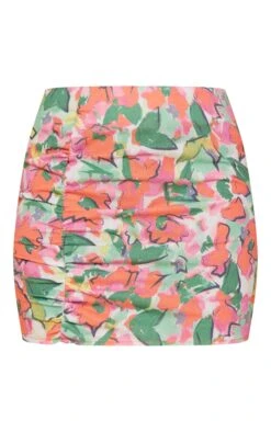 Red Floral Print Linen Look Ruched Side Mini Skirt -VelvetMuse Store 1271c6e3550e3f582715f450f2dbd30a3e962fb9 cne0229 6