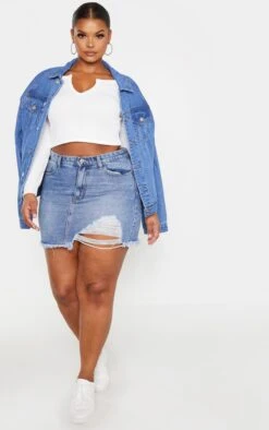 Plus Mid Wash One Sided Ripped Hem Denim Skirt -VelvetMuse Store 1337bec31276811448e32784e953f7b352e89fea cmf1372 5