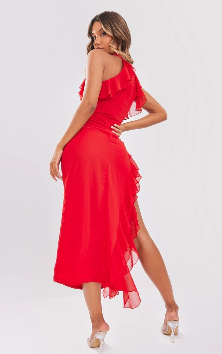Red High Neck Frill Split Hem Midaxi Dress 2 Red High Neck Frill Split Hem Midaxi Dress - Image 2