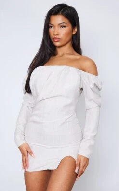 Stone Boned Linen Look Pleat Detail Bardot Bodycon Dress