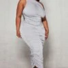 Plus Grey Slinky Ruched One Shoulder Longline Midi Dress