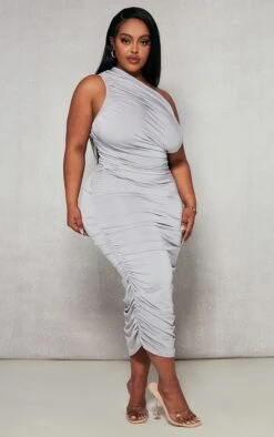 Plus Grey Slinky Ruched One Shoulder Longline Midi Dress