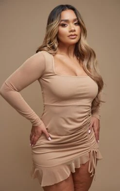 Shape Taupe Mesh Long Sleeve Ruched Side Frill Hem Bodycon Dress