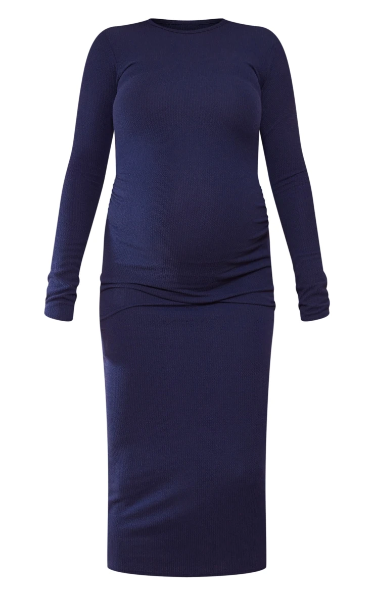 Maternity Ink Blue Long Sleeve Ribbed Midi Dress 5 Maternity Ink Blue Long Sleeve Ribbed Midi Dress - Image 5