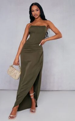 Khaki Woven Ruched Skirt Midi Skirt