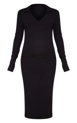 Maternity Black Crinkle Rib Plunge Midi Polo Dress -VelvetMuse Store 189e8d3a35c9a79d031ea5ac00a186115568ff8f cnb6514 5