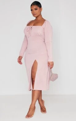 Plus Rose Puff Sleeve Tie Front Midi Dress -VelvetMuse Store 19cc98e4a4404c0ef6b0b6d81d0729365cfd9e7d cnc2191 3