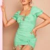 Green Lace Up Ruched Puff Sleeve Bodycon Dress