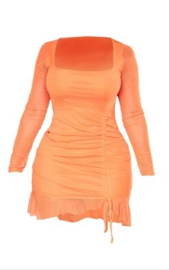 Shape Bright Orange Mesh Long Sleeve Ruched Side Frill Hem Bodycon Dress -VelvetMuse Store 1b31e1bc97ba304f2684b78e690159c13f2dfe2c cne2641 5