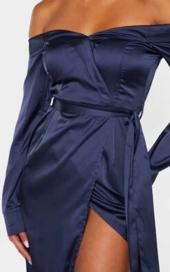 Navy Satin Bardot Lapel Detail Wrap Midi Dress -VelvetMuse Store 1b93a40bd8cd68c75ac6adac62b4f71ccc27632f clz7367 5