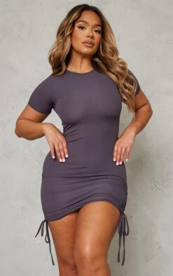 Shape Charcoal Rib Short Sleeve Ruched Side Bodycon Dress