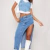 Mid Blue Wash Extreme Thigh High Slit Denim Midi Skirt