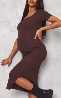 Maternity Chocolate Soft Knit Button Midi Dress -VelvetMuse Store 1fbbf1cabdd3330ec22bc740e8969bb436973f3b cnb6479 4