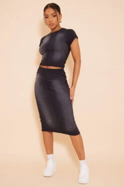 Charcoal Jersey Washed Binding Detail Midi Skirt