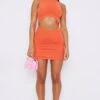 Burnt Orange Ribbed Waist Cut Out Ruched Bodycon Dress