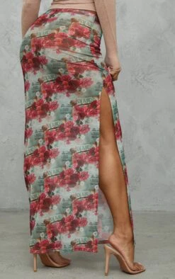 Sage Green Floral Print Mesh Split Hem Midi Skirt -VelvetMuse Store 23721a1313741fe59425bfe37227baed9ae0324c cnd3685 3
