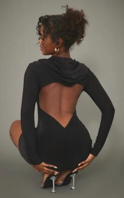 Black Slinky Backless Hood Detail Bodycon Dress
