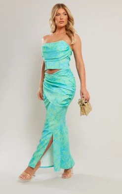 Turquoise Floral Print Woven Drape Front Midaxi Skirt