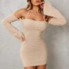 Sand Ribbed Bardot Lettuce Hem Halter Bodycon Dress