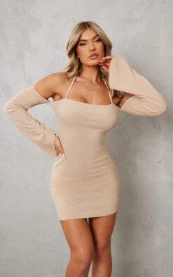 Sand Ribbed Bardot Lettuce Hem Halter Bodycon Dress