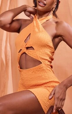 Orange Textured Halter Twist Detail Bodycon Dress -VelvetMuse Store 2a709e8771b9e4cecc793e8b77b76f25b66c642f cnd5890 4