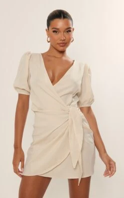 Oatmeal Linen Look Wrap Front Bodycon Dress