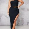 Plus Black Rose Trim Asymmetric Hem Midi Skirt