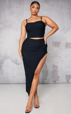 Plus Black Rose Trim Asymmetric Hem Midi Skirt