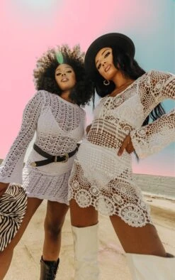 White Tie Front Flare Sleeve Crochet Lace Bodycon Dress