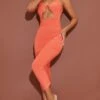 Orange Strappy Keyhole Ruched Slinky Midaxi Dress