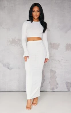 Cream Textured Rib Low Rise Midi Skirt