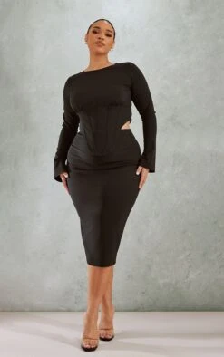 Plus Black Stretch Woven Midi Skirt