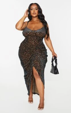 Plus Chocolate Leopard Velvet Ruched Side Midi Skirt