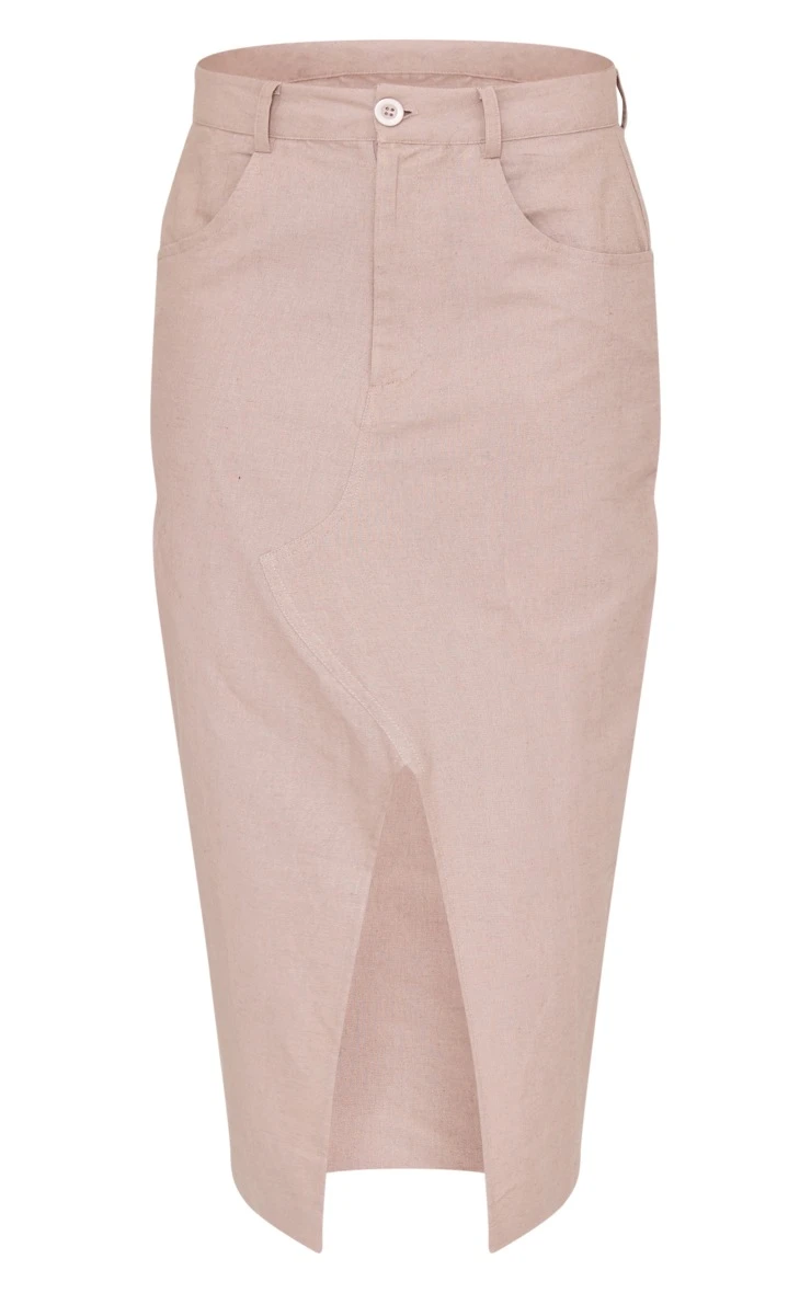 Taupe Linen Look Split Front Midi Skirt 5 Taupe Linen Look Split Front Midi Skirt - Image 5