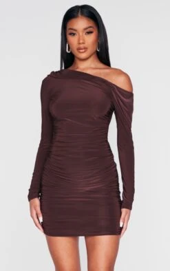 Chocolate Slinky One Shoulder Ruched Detail Bodycon Dress -VelvetMuse Store 34059b5df13d517e4b83474032fe6da1566ecb9c cnc6169 3