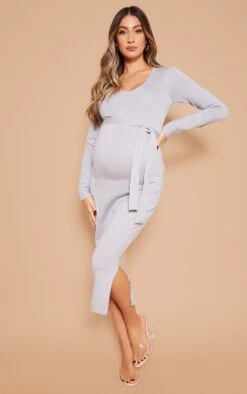 Maternity Grey V Neck Bodycon Dress With Tie